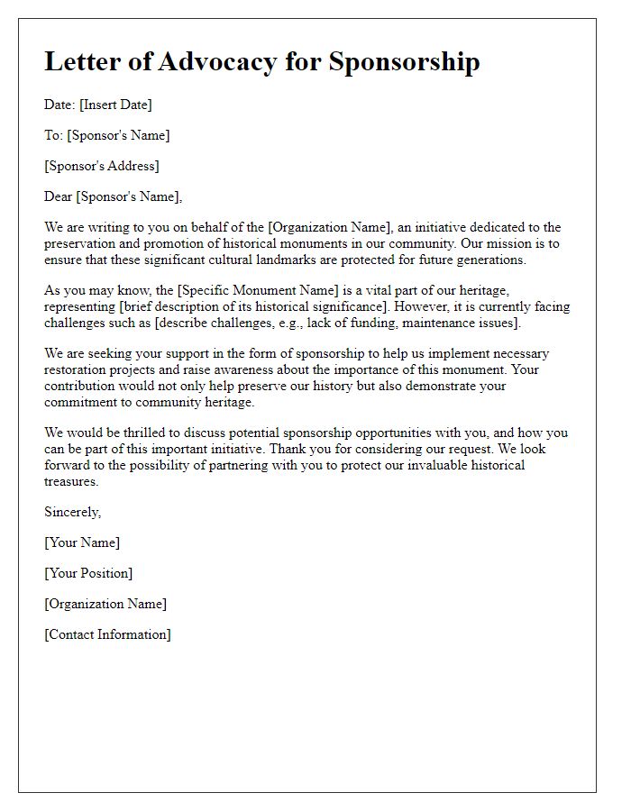 Letter template of historical monument advocacy sponsorship initiative