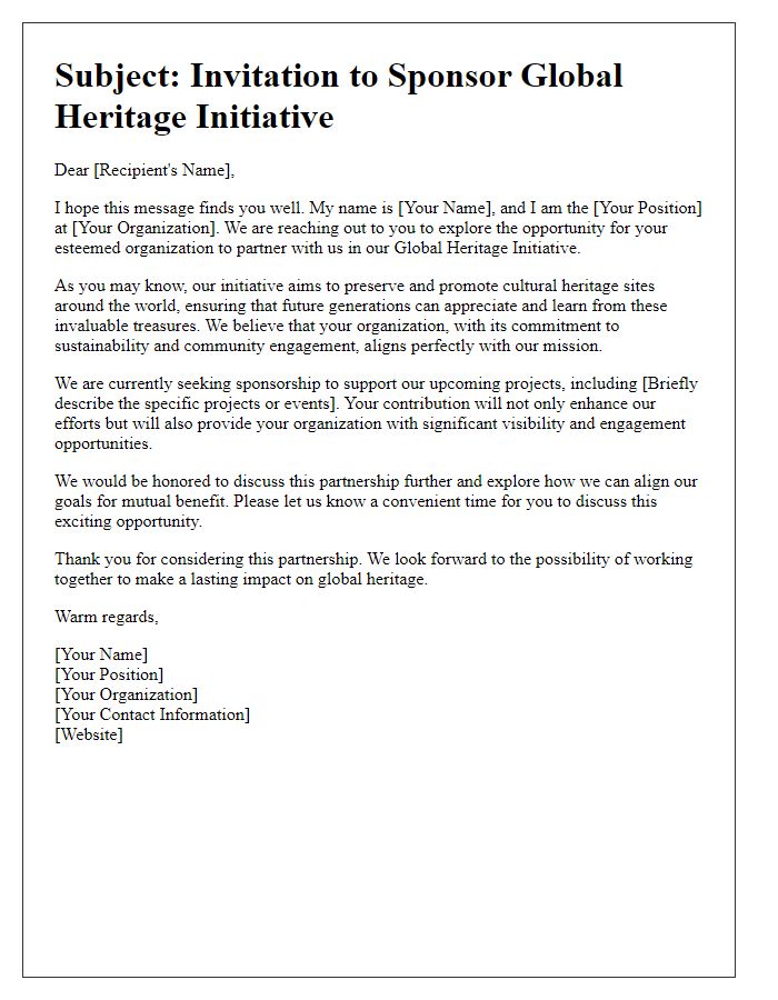 Letter template of global heritage sponsorship outreach