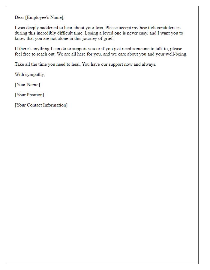 Letter template of compassionate words for a fellow employee in mourning.