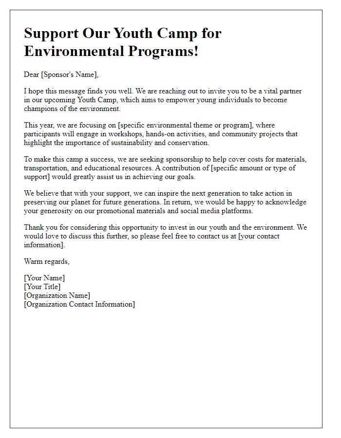 Letter template of youth camp sponsorship appeal for environmental programs