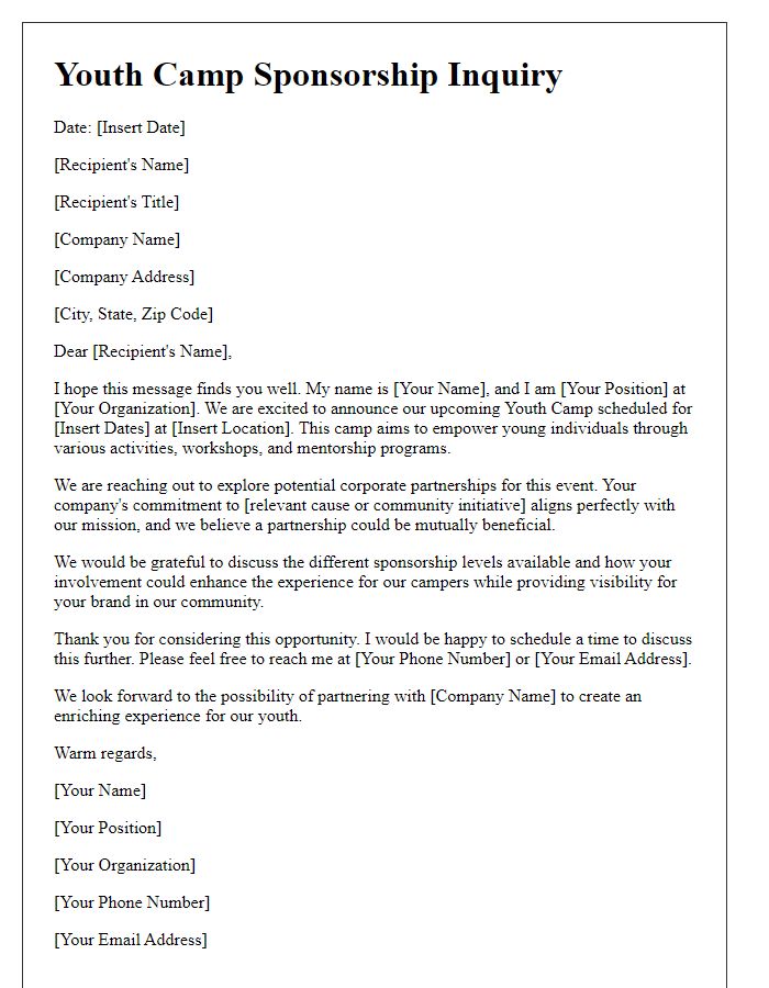 Letter template of youth camp sponsorship inquiry for corporate partnerships