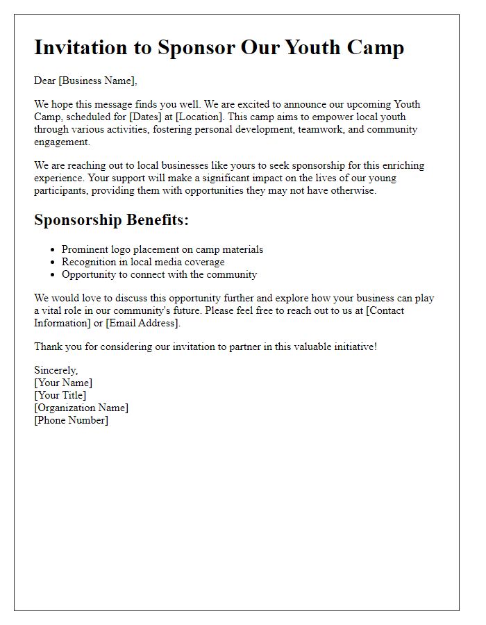 Letter template of youth camp sponsorship invitation to local businesses