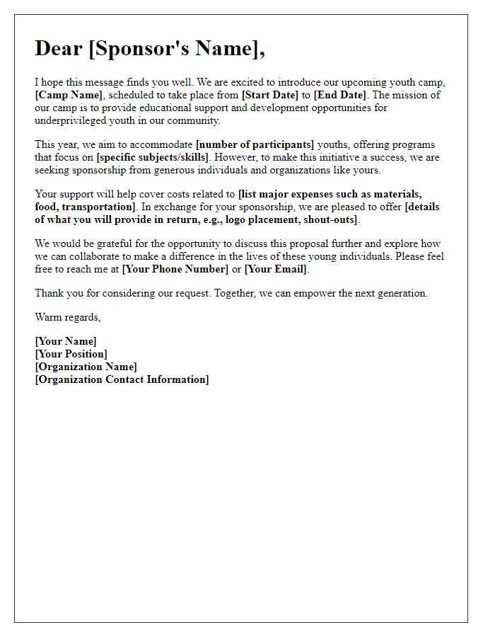 Letter template of youth camp sponsorship proposal for educational support