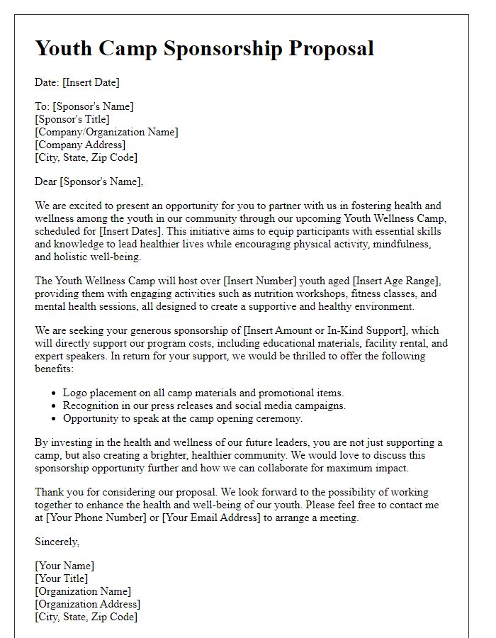 Letter template of youth camp sponsorship proposal focusing on health and wellness