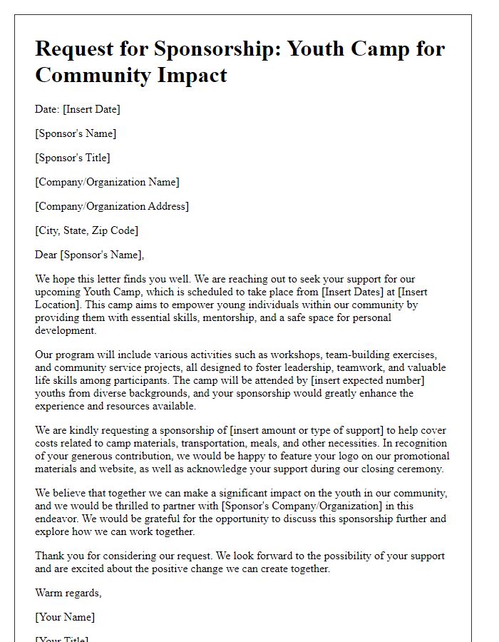 Letter template of youth camp sponsorship request for community impact