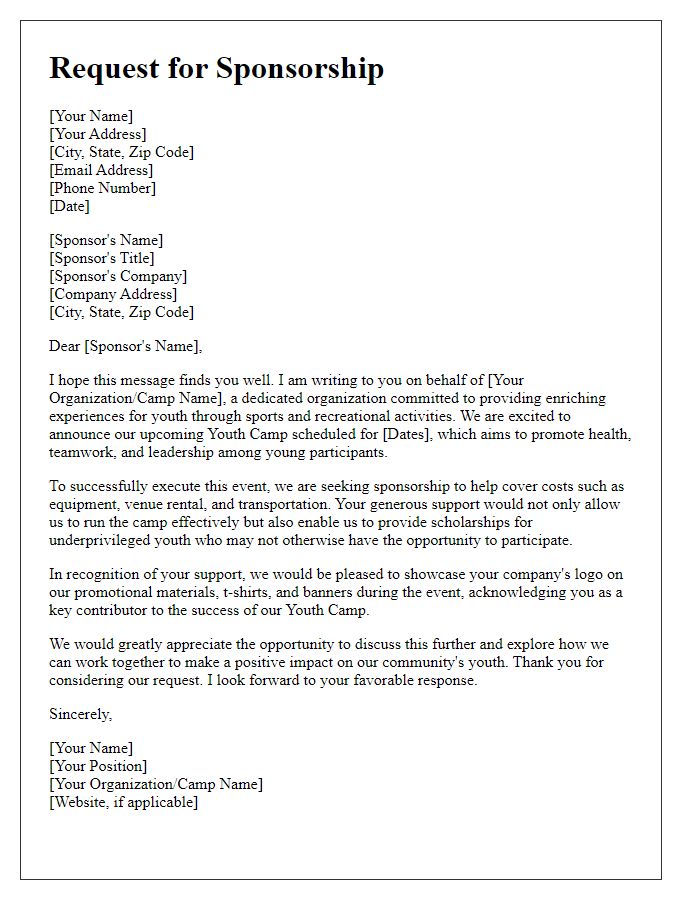 Letter template of youth camp sponsorship request for sports and recreation activities