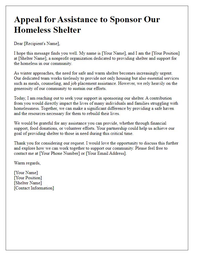 Letter template of appeal for assistance to sponsor a homeless shelter