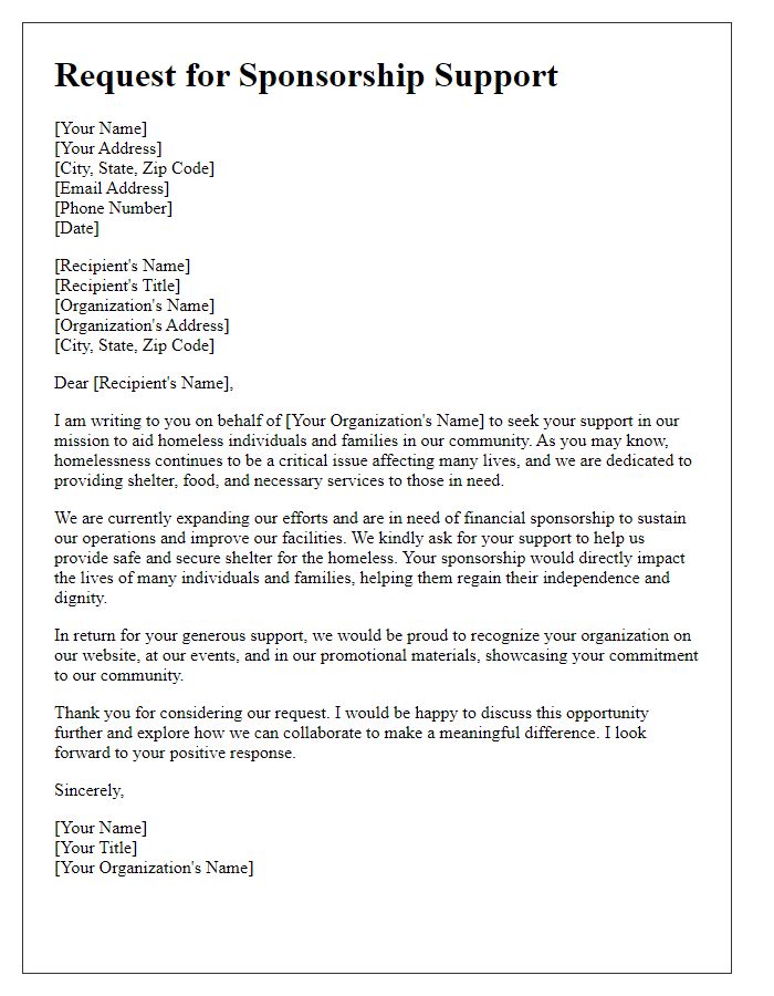 Letter template of request for homeless shelter sponsorship support