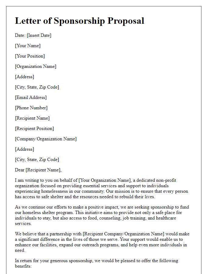 Letter template of sponsorship proposal for a homeless shelter