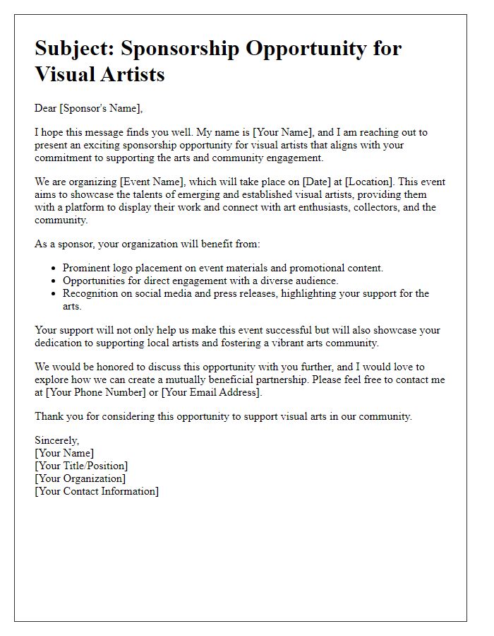 Letter template of sponsorship opportunity for visual artists