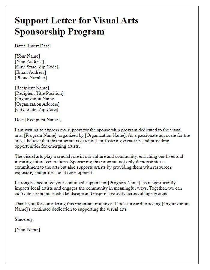 Letter template of support for visual arts sponsorship program