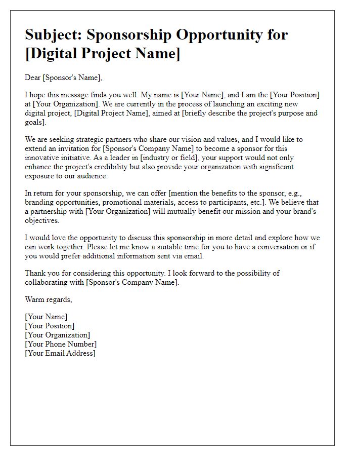 Letter template of digital project sponsorship introduction