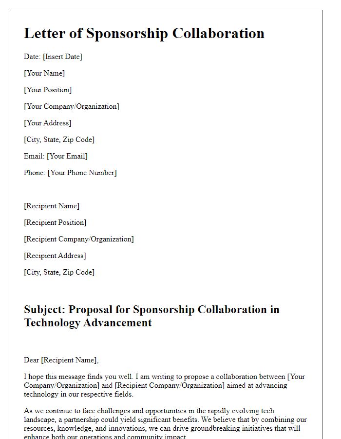 Letter template of tech advancement sponsorship collaboration