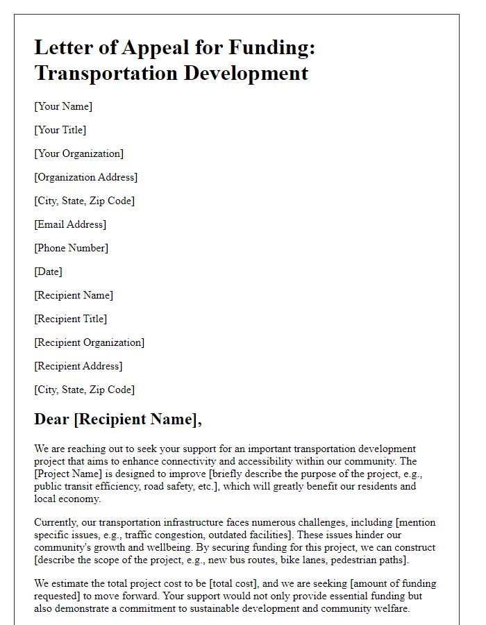 Letter template of funding appeal for transportation development