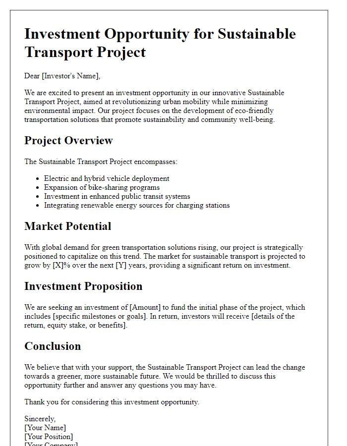 Letter template of investment opportunity for sustainable transport project