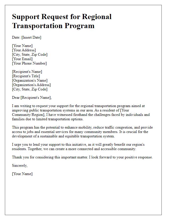 Letter template of support request for regional transportation program