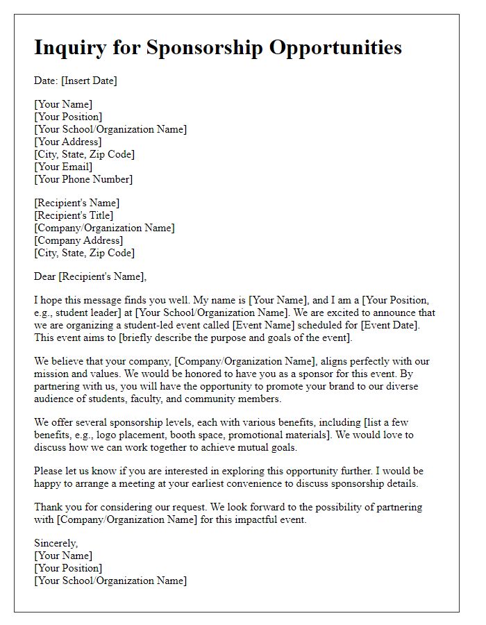 Letter template of inquiry for sponsorship opportunities for student-led events.