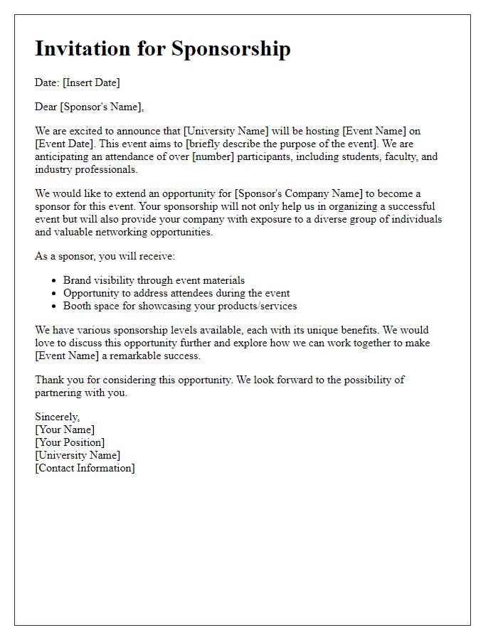 Letter template of sponsorship invitation for university event.