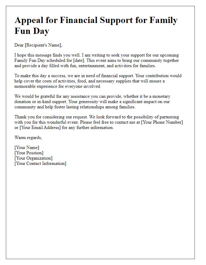 Letter template of Appeal for Family Fun Day Financial Support