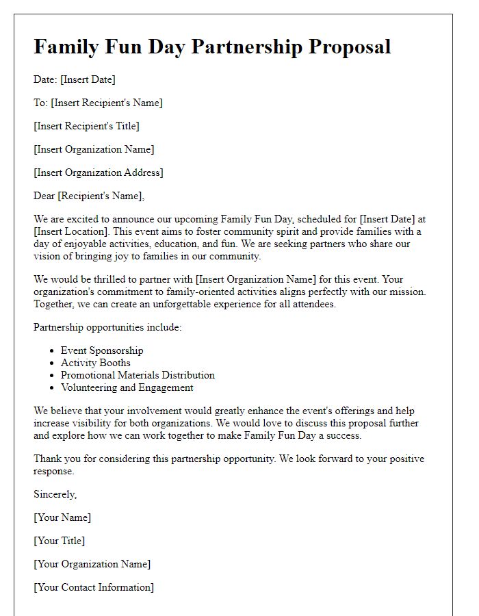 Letter template of Family Fun Day Partnership Proposal