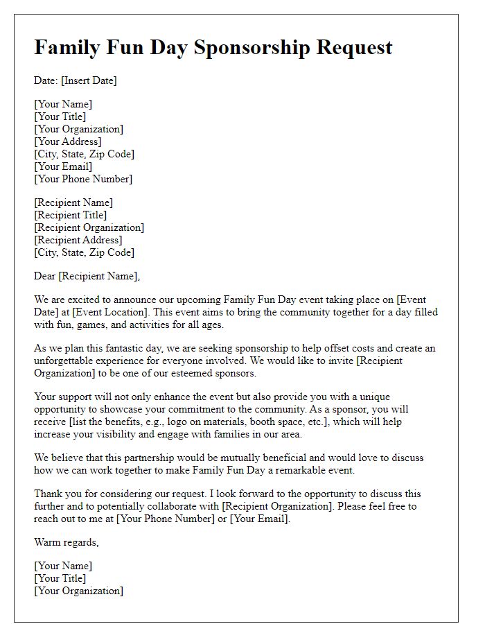 Letter template of Family Fun Day Sponsorship Request