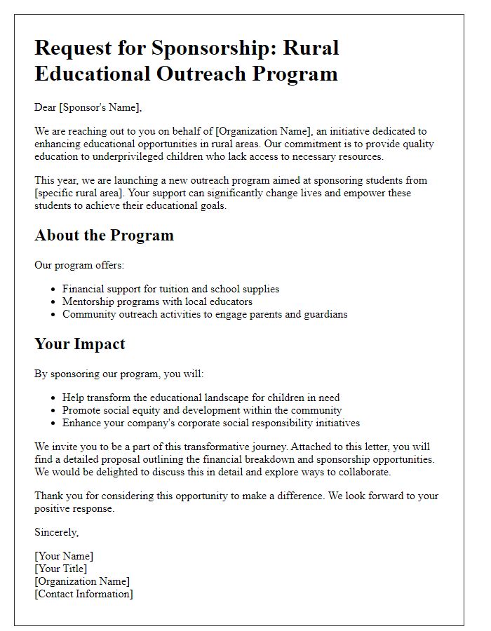 Letter template of outreach program for rural educational sponsorship