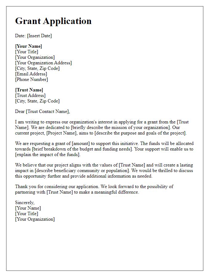 Letter template of charitable trust grant application