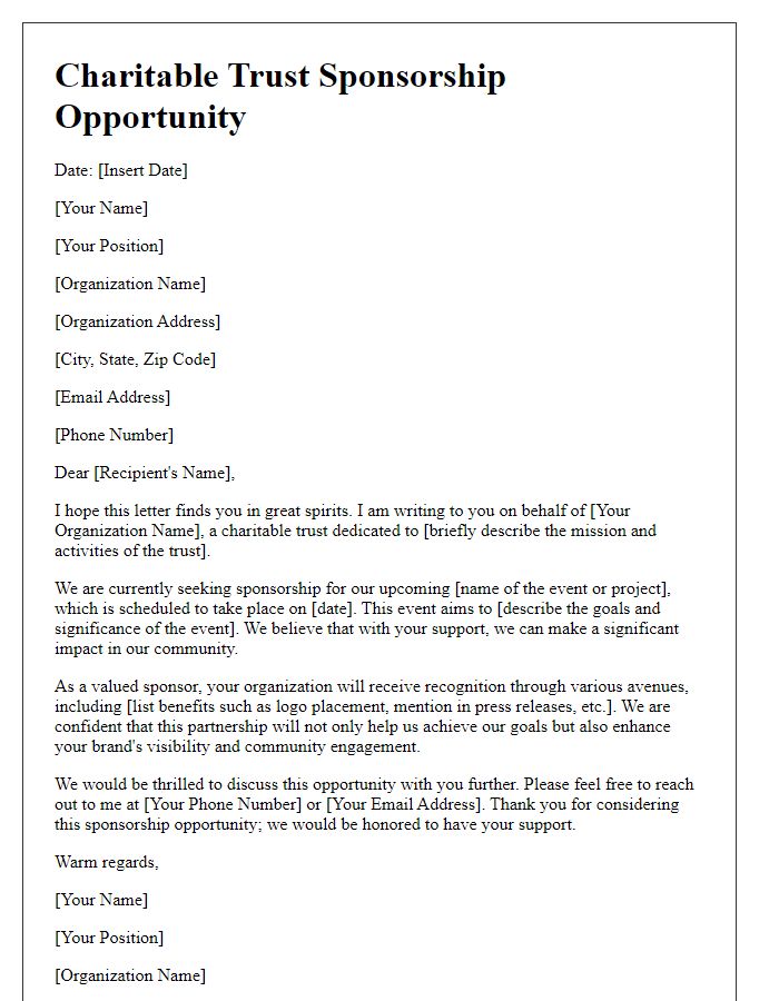 Letter template of charitable trust sponsorship opportunity