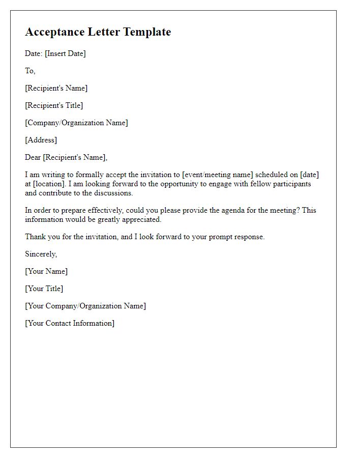 Letter template of acceptance with a request for agenda