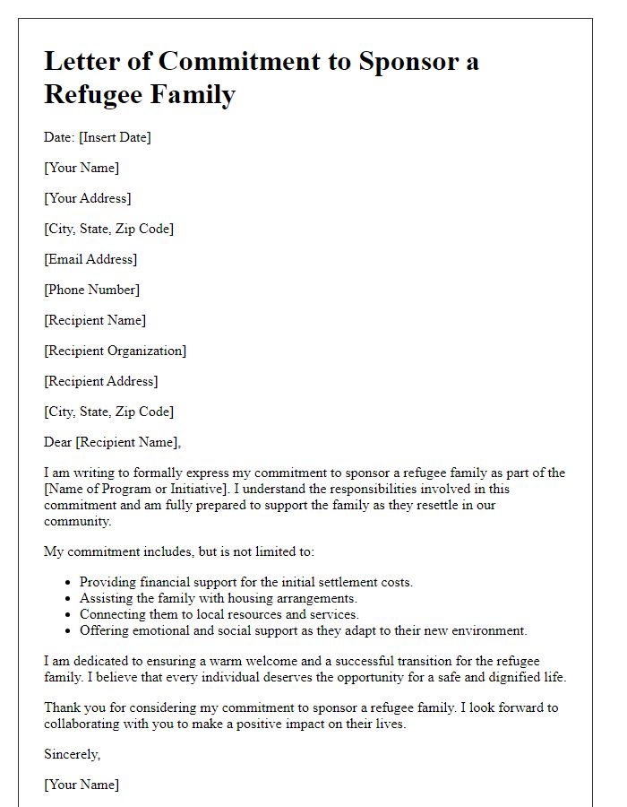 Letter template of commitment to sponsor a refugee family