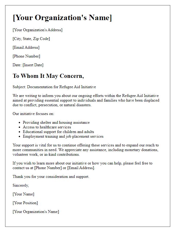 Letter template of documentation for refugee aid initiative