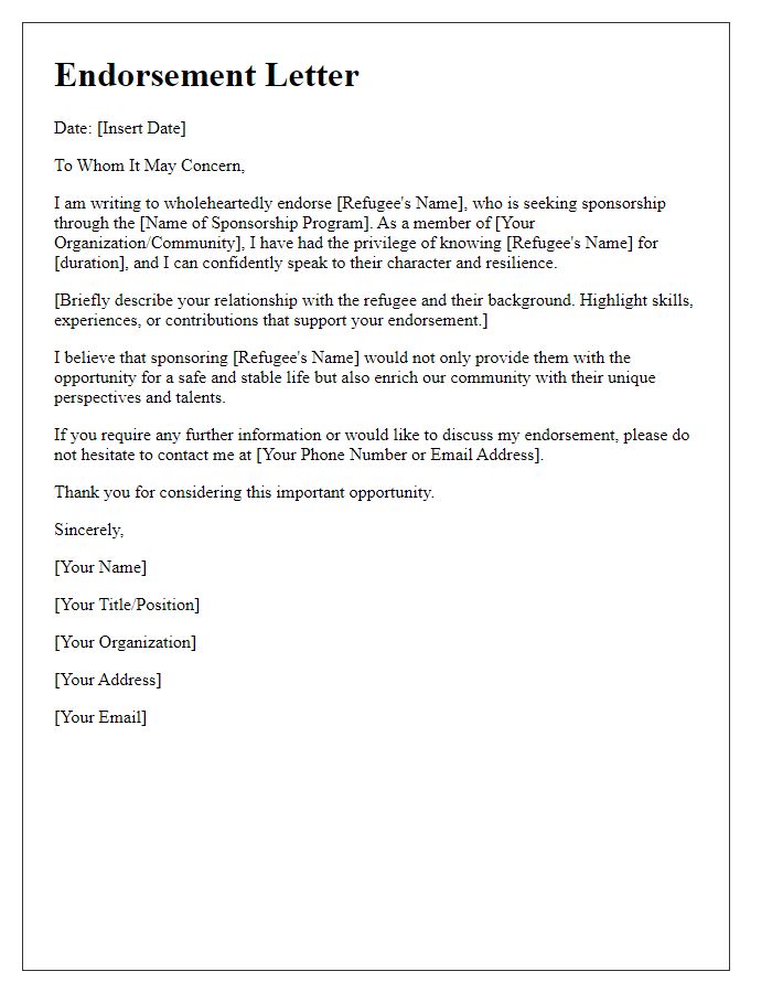 Letter template of endorsement for a refugee sponsorship program