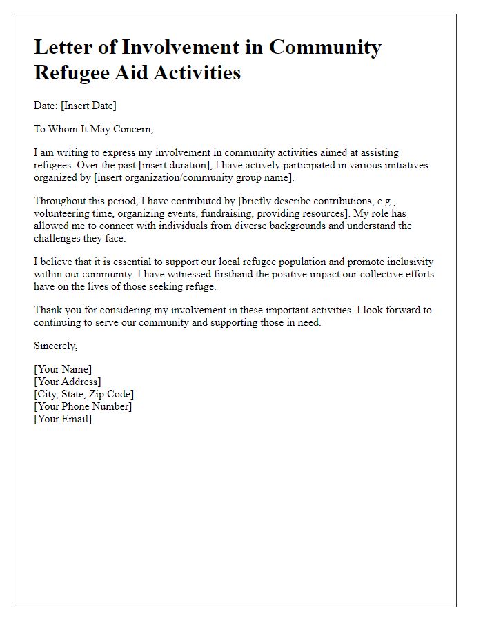 Letter template of involvement in community refugee aid activities