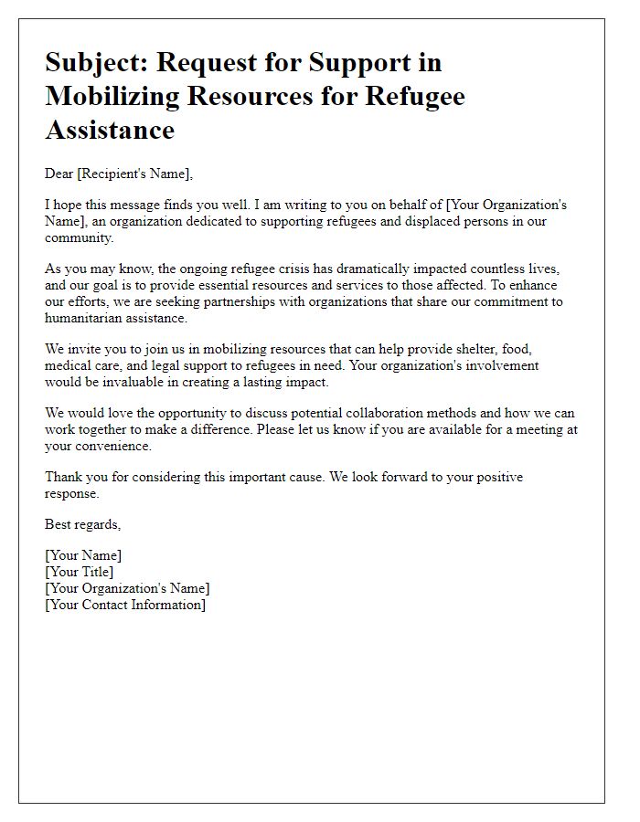 Letter template of outreach for mobilizing refugee assistance resources