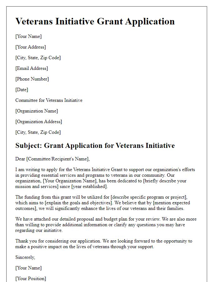 Letter template of veterans initiative grant application