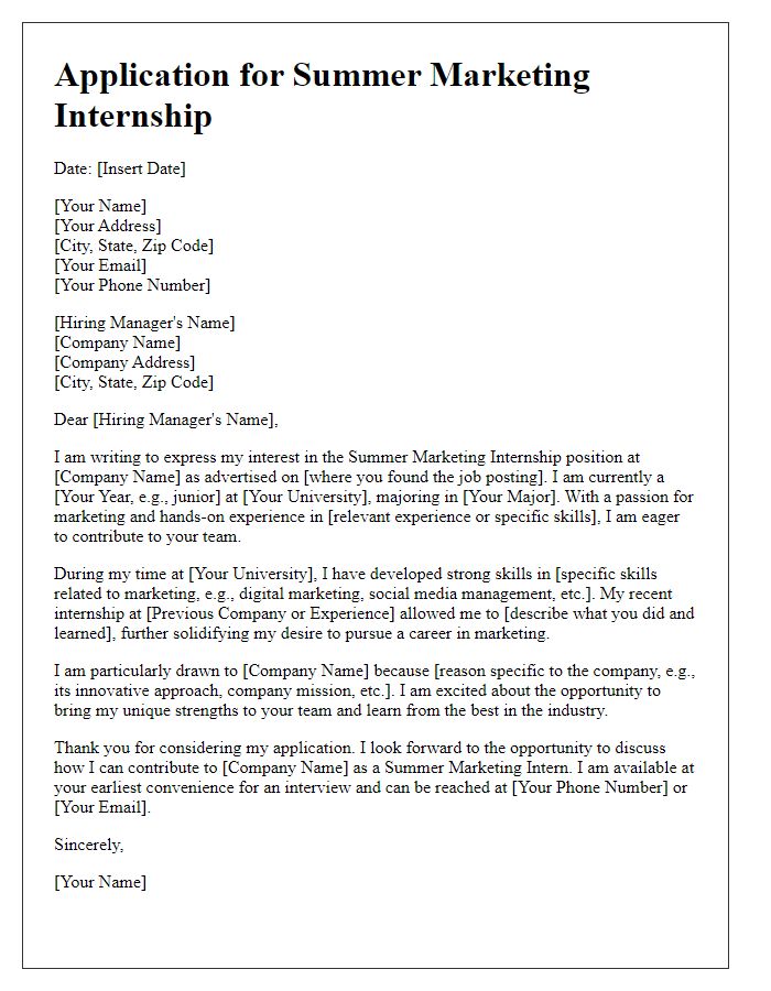 Letter template of application for summer marketing internship