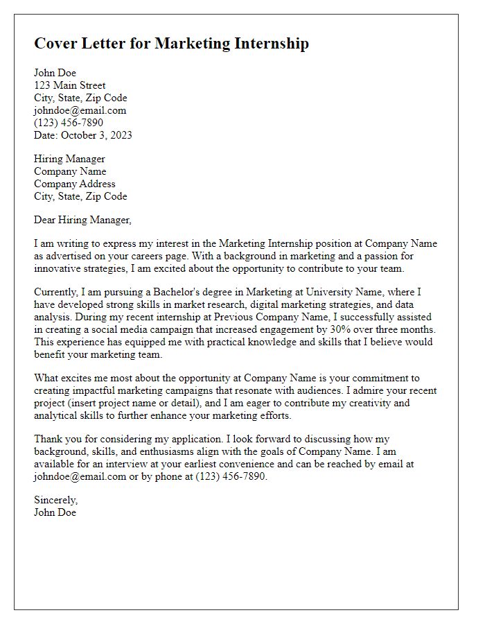 Letter template of cover letter for marketing internship application