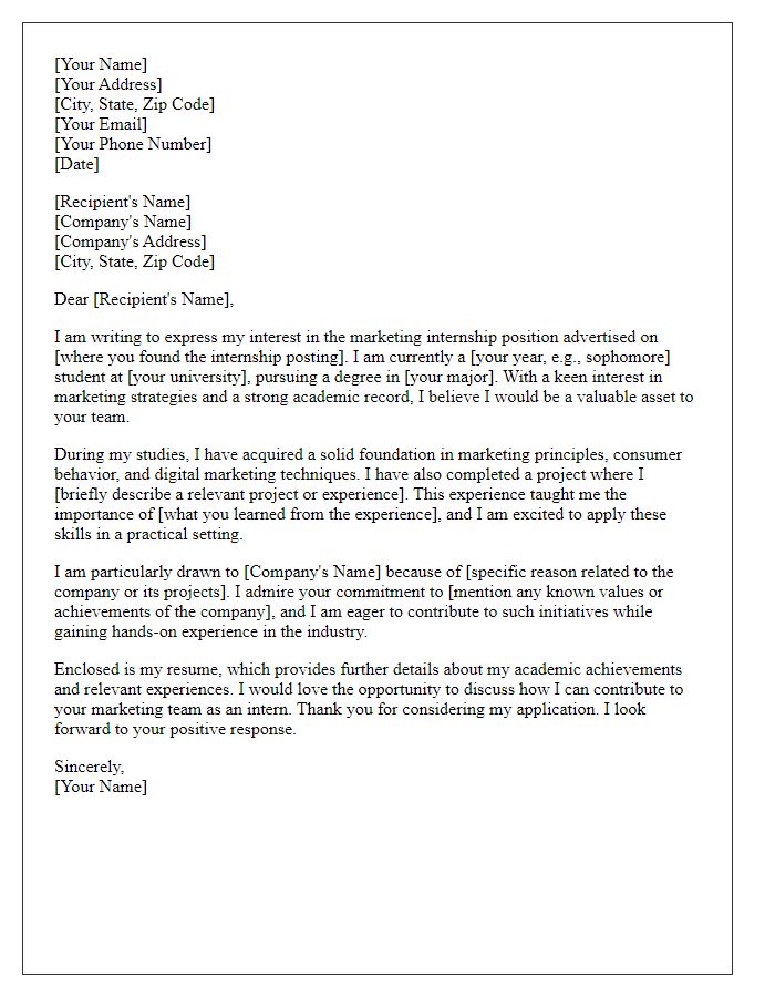 Letter template of formal internship application in marketing