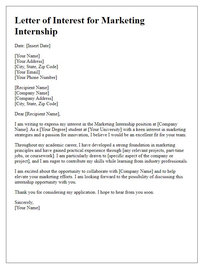 Letter template of interest for marketing internship