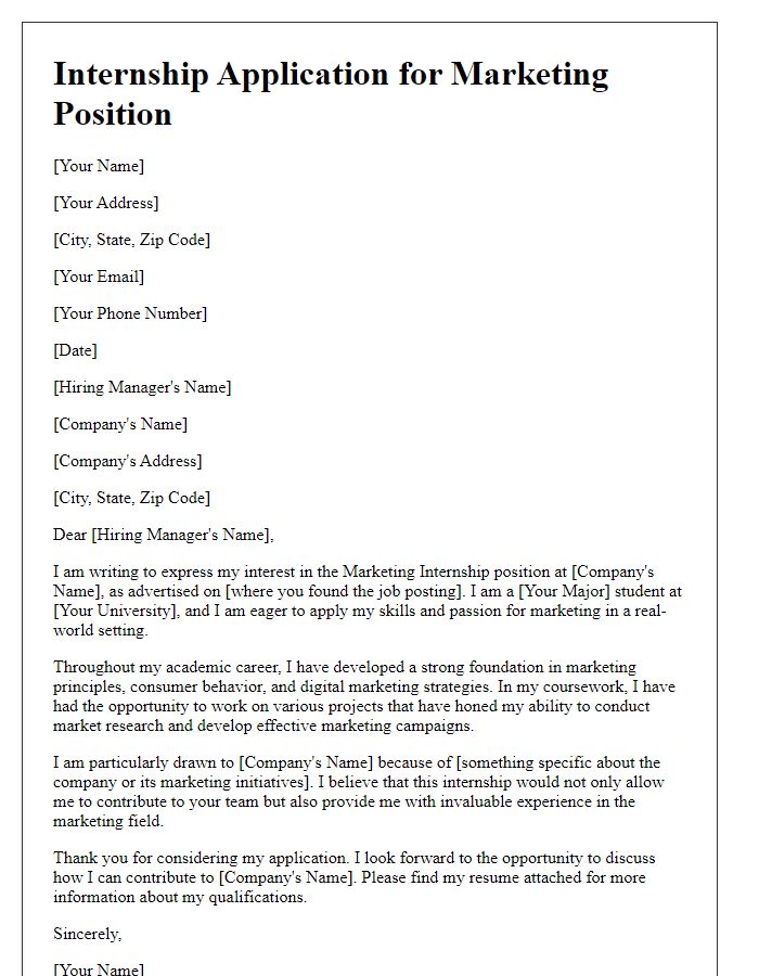 Letter template of internship application for marketing position