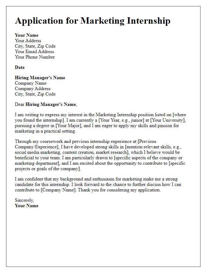 Letter template of marketing internship application