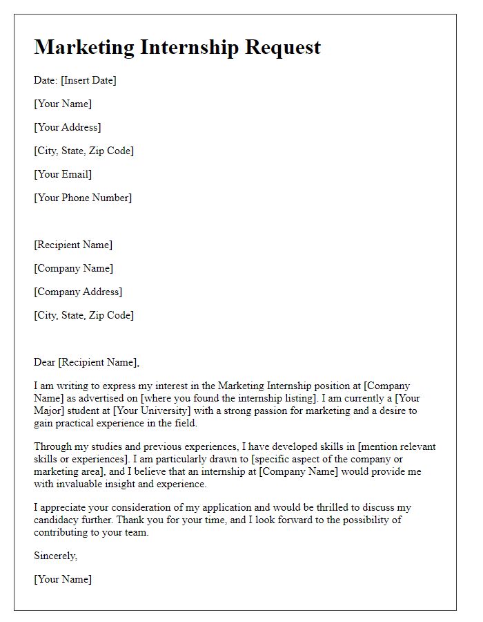 Letter template of marketing internship request