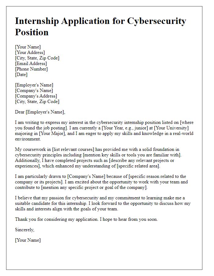 Letter template of internship application for cybersecurity position