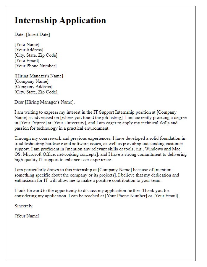 Letter template of internship application for IT support internship