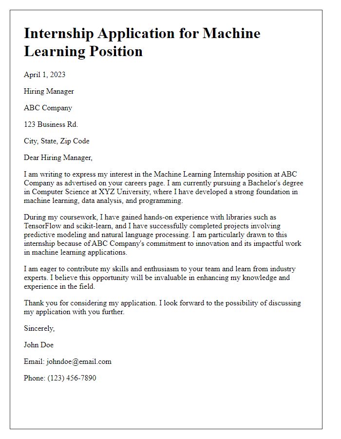 Letter template of internship application for machine learning internship