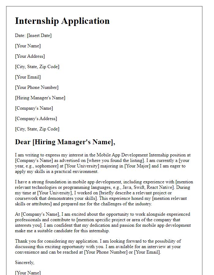 Letter template of internship application for mobile app development