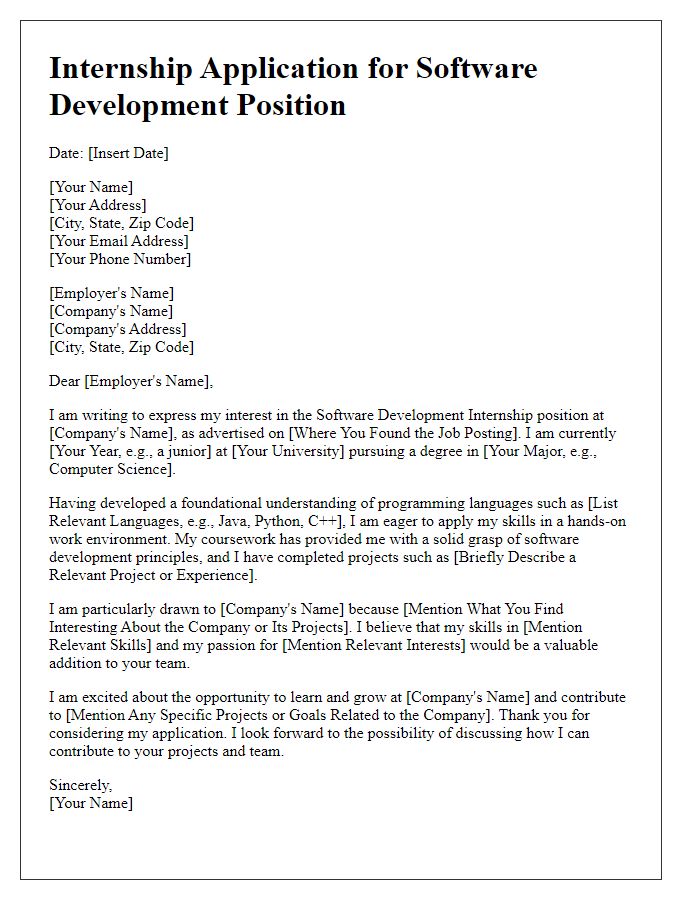 Letter template of internship application for software development position