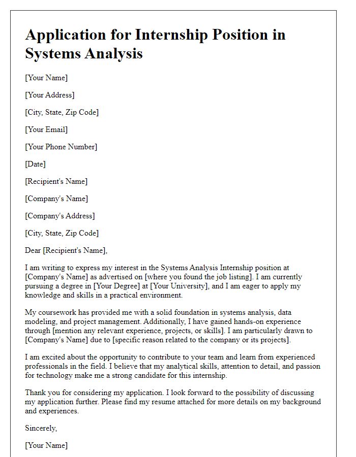 Letter template of internship application for systems analysis position