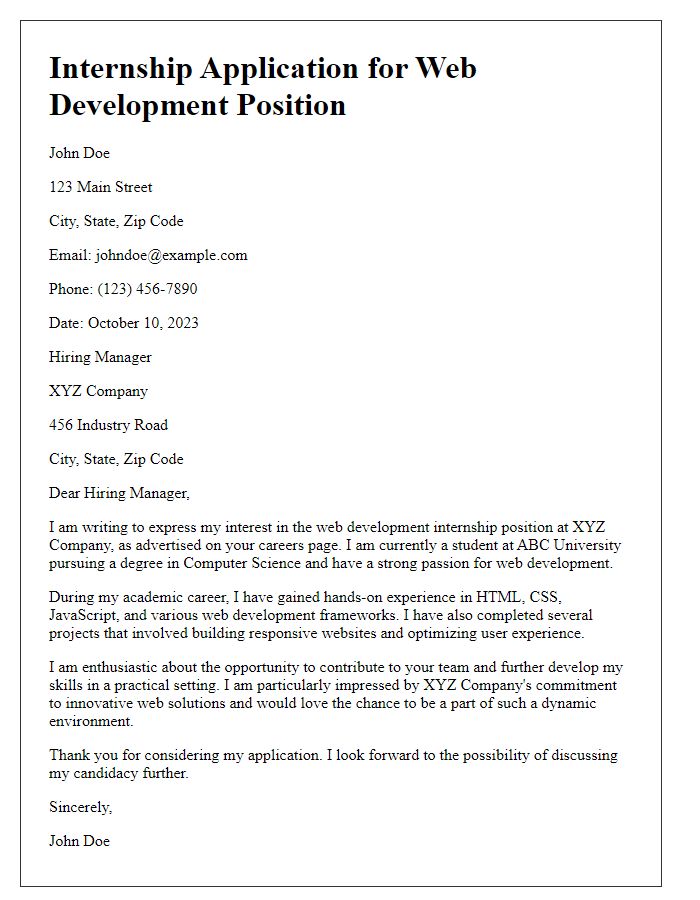 Letter template of internship application for web development opportunity