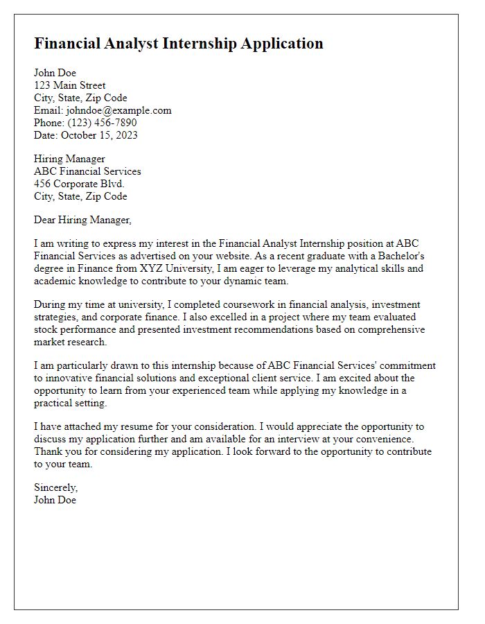 Letter template of financial analyst internship application for recent graduates.